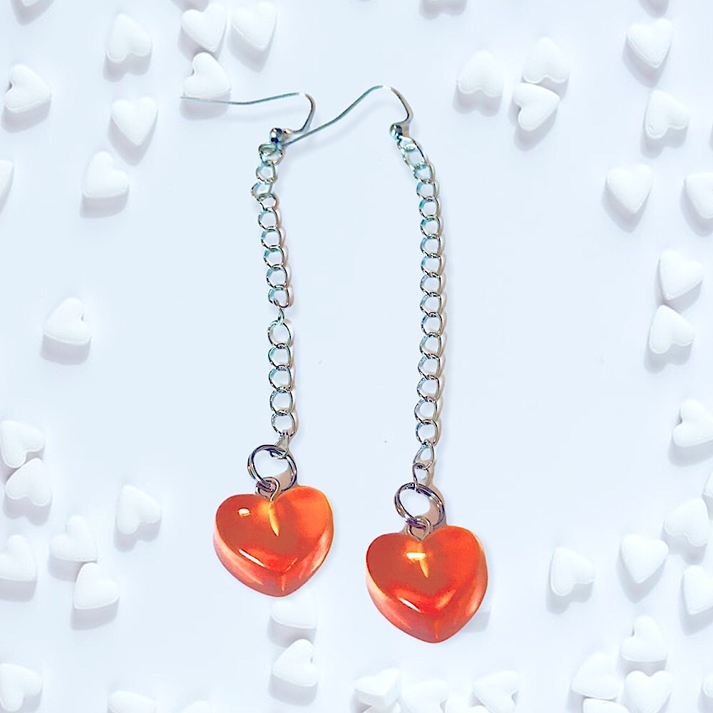 Orange Long Hard Resin Handmade Heart Stainless Steel Earrings
